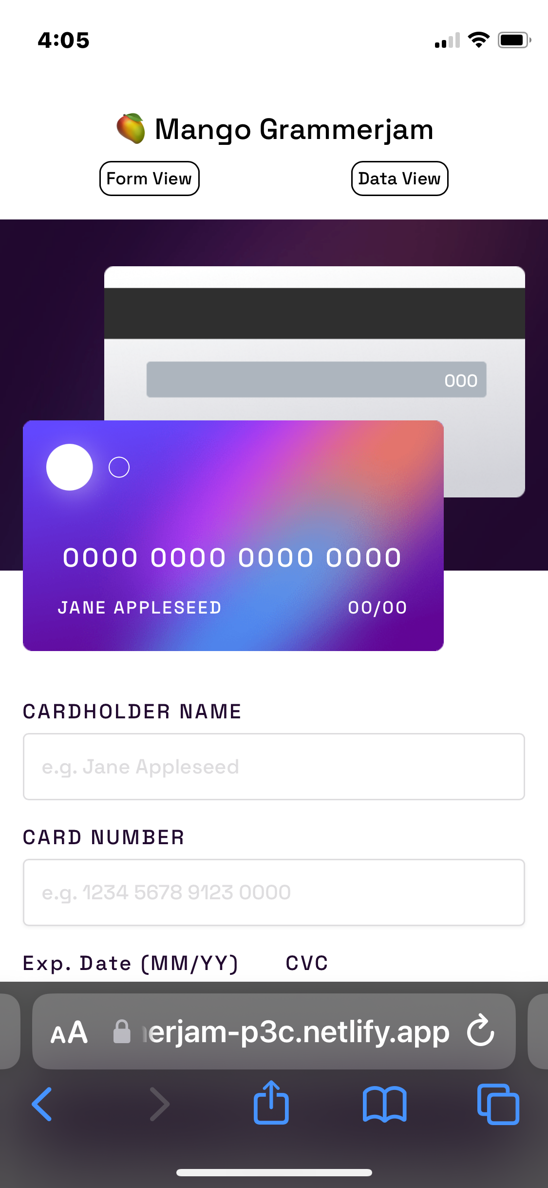 Credit card form screenshot