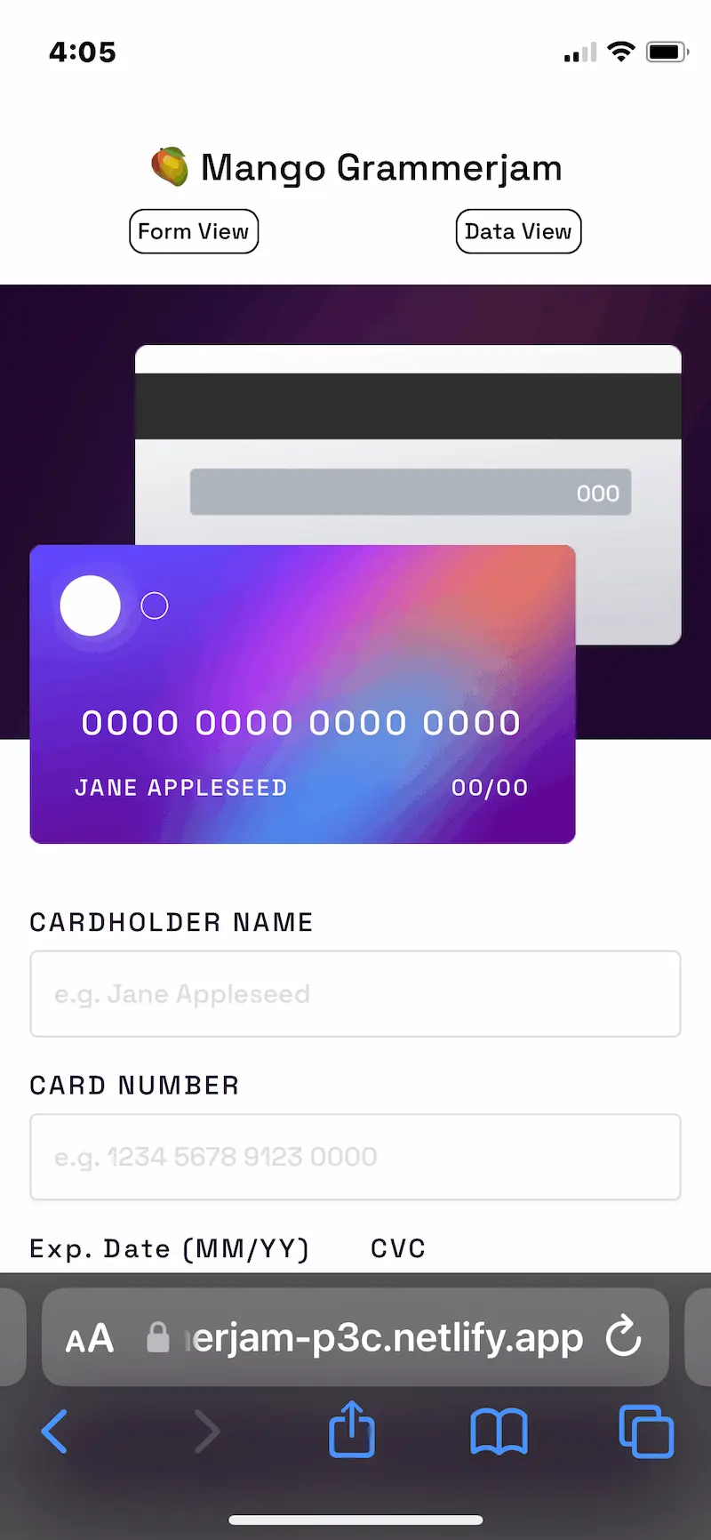 Credit card form screenshot