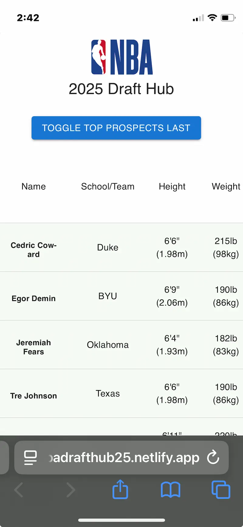 NBA Draft hub screenshot